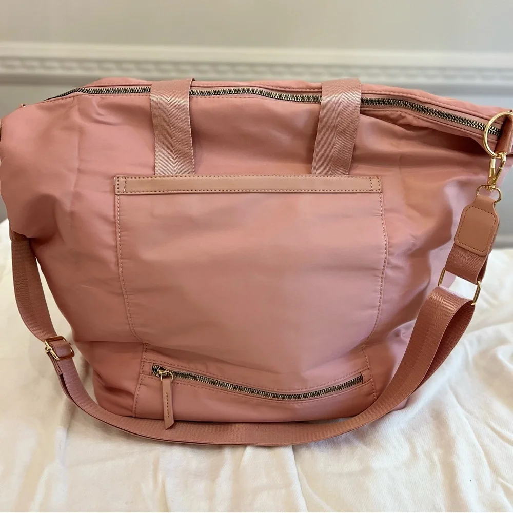 Pink soft padded nylon overnight laptop tote w/ double handle & adjustable strap